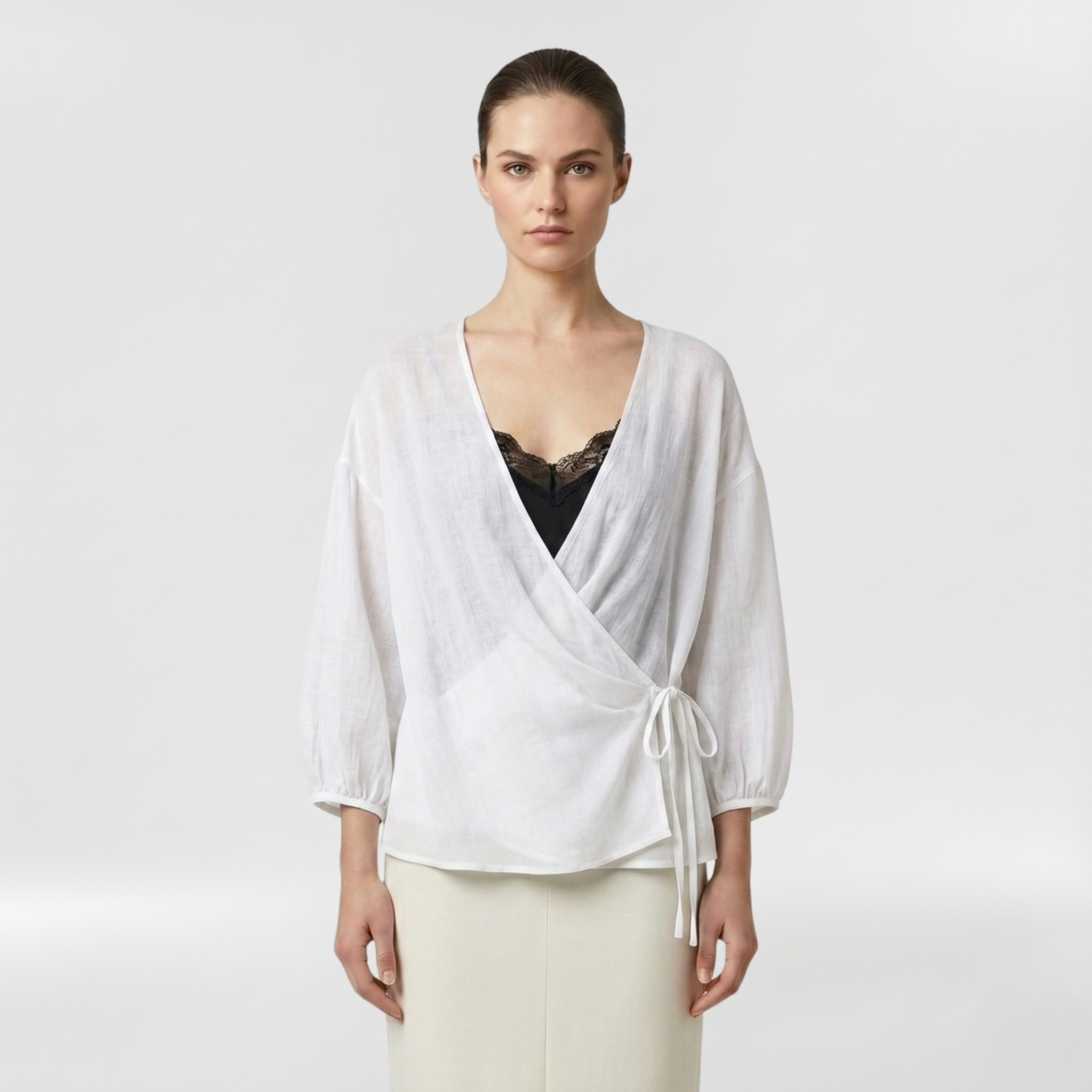 Sheer Wrap Tie Blouse with Fluid Draping and Waist Tie