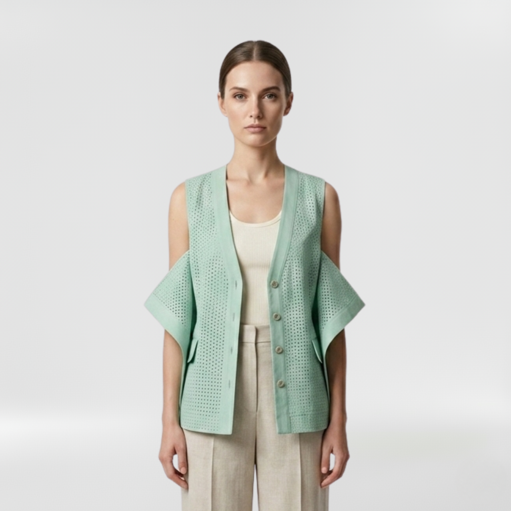 Perforated Open-Shoulder Tailored Vest with Breathable Cutwork
