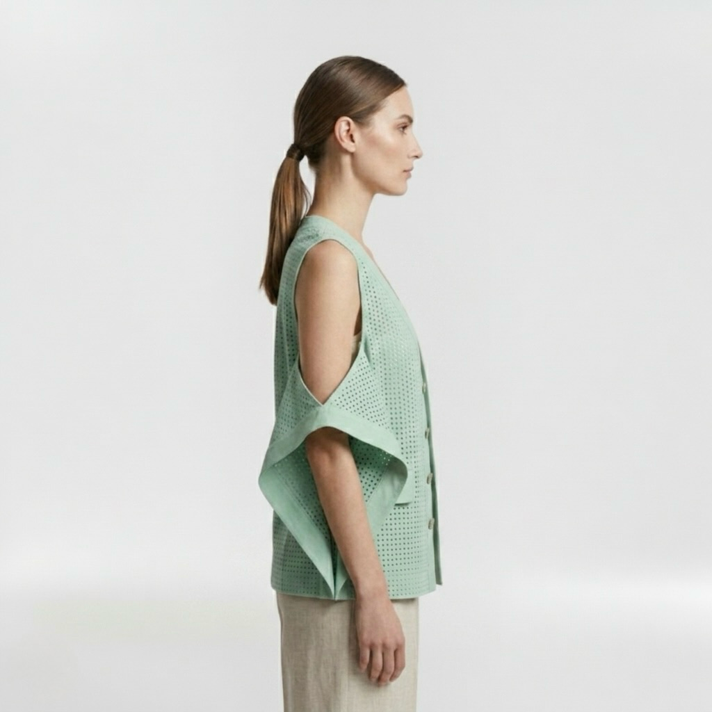 Perforated Open-Shoulder Tailored Vest with Breathable Cutwork