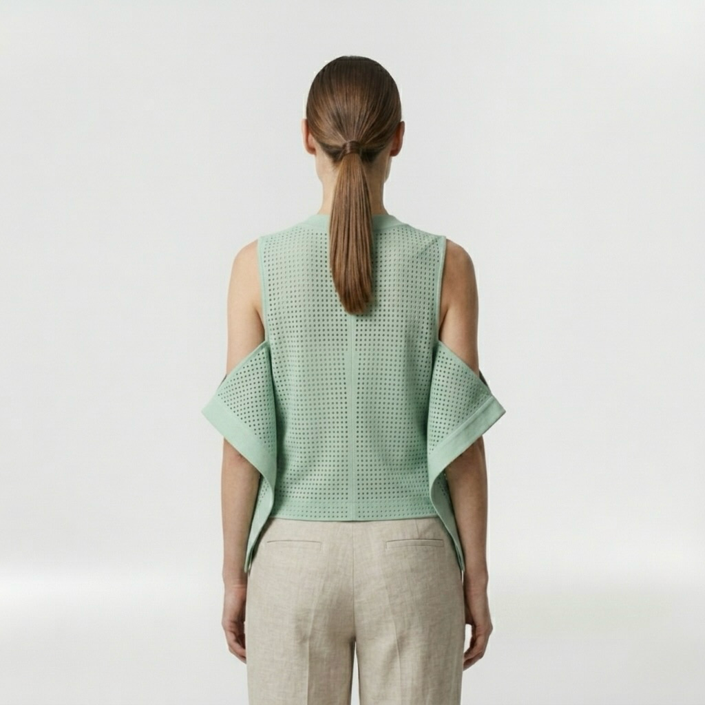Perforated Open-Shoulder Tailored Vest with Breathable Cutwork