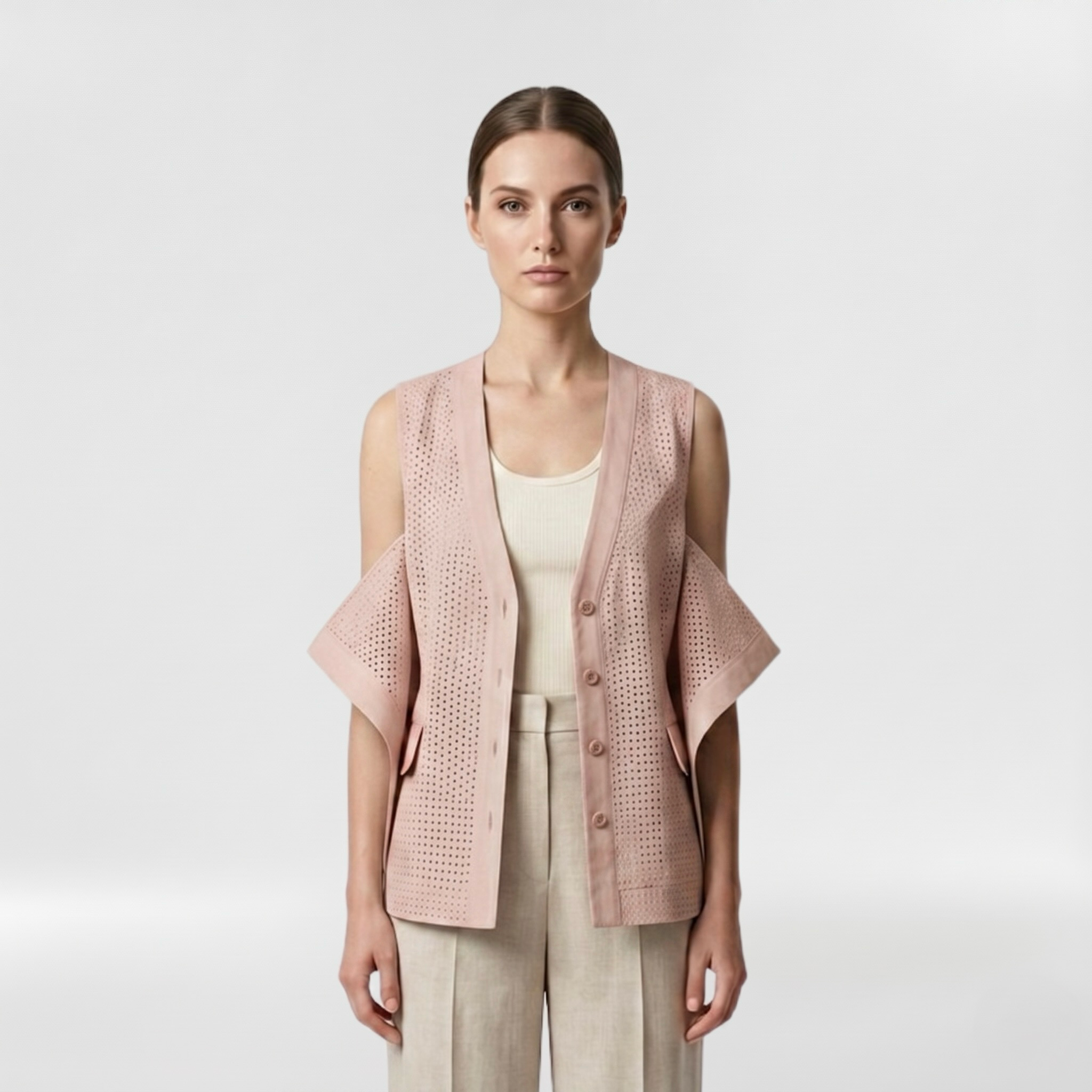 Perforated Open-Shoulder Tailored Vest with Breathable Cutwork