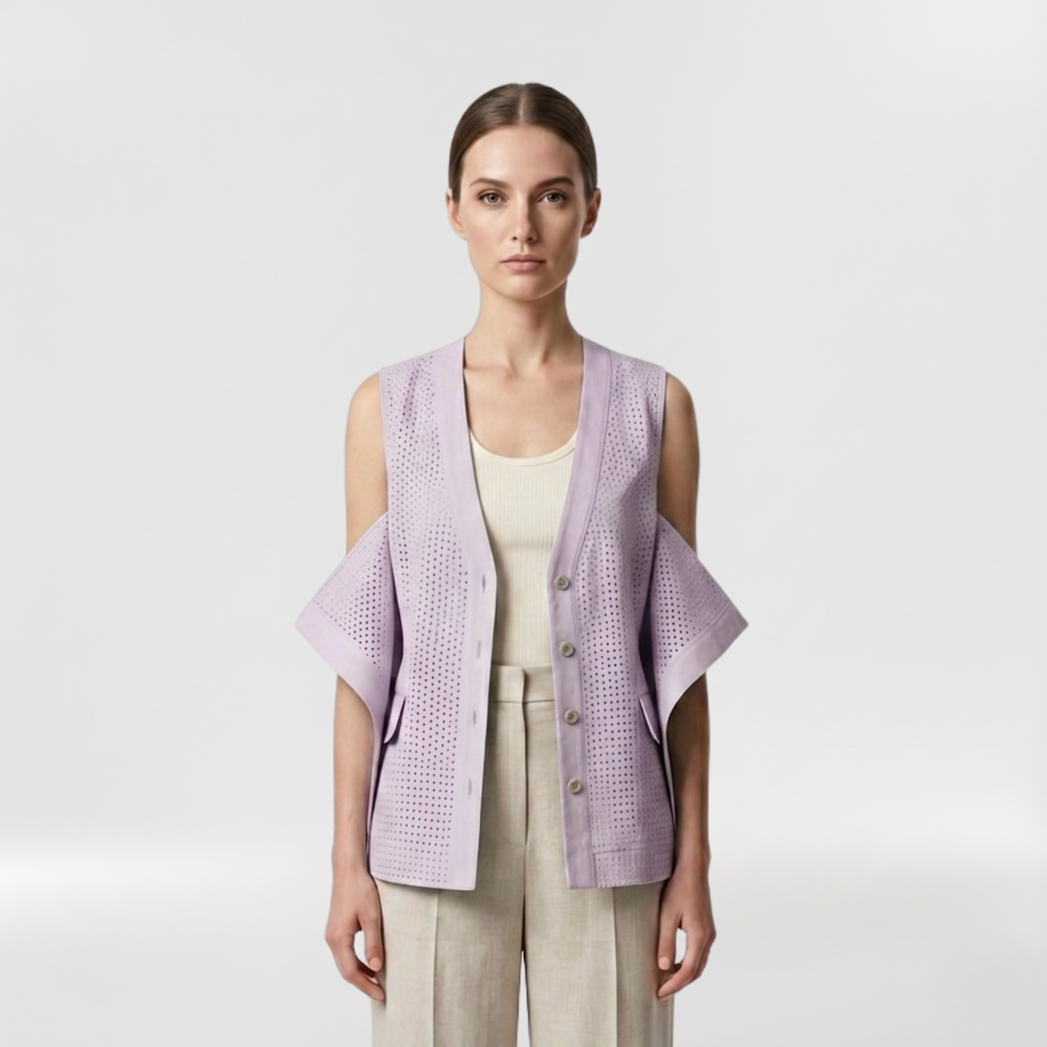 Perforated Open-Shoulder Tailored Vest with Breathable Cutwork