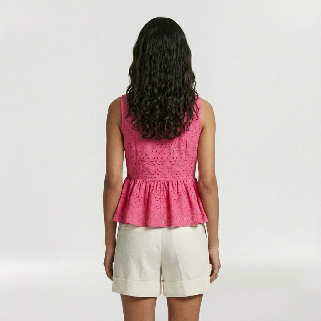 Eyelet Embroidered Peplum Sleeveless Top with Feminine Detailing