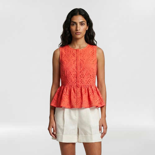 Eyelet Embroidered Peplum Sleeveless Top with Feminine Detailing