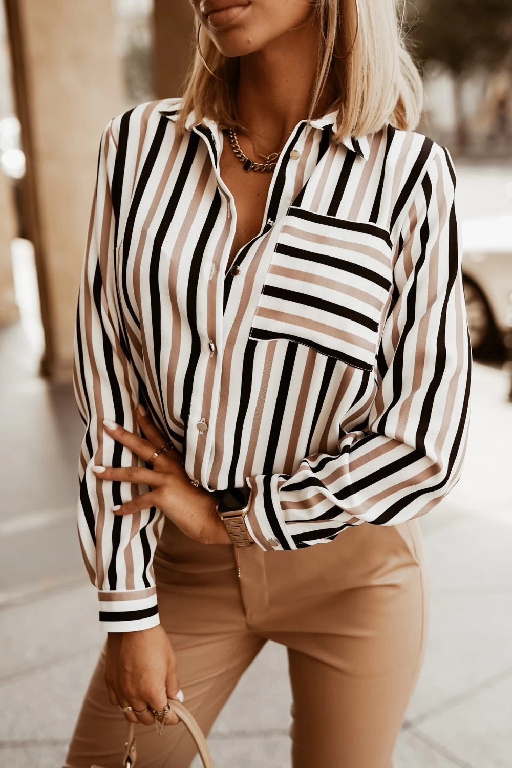 Women's Striped Shirt - V-Neck and Long Sleeves