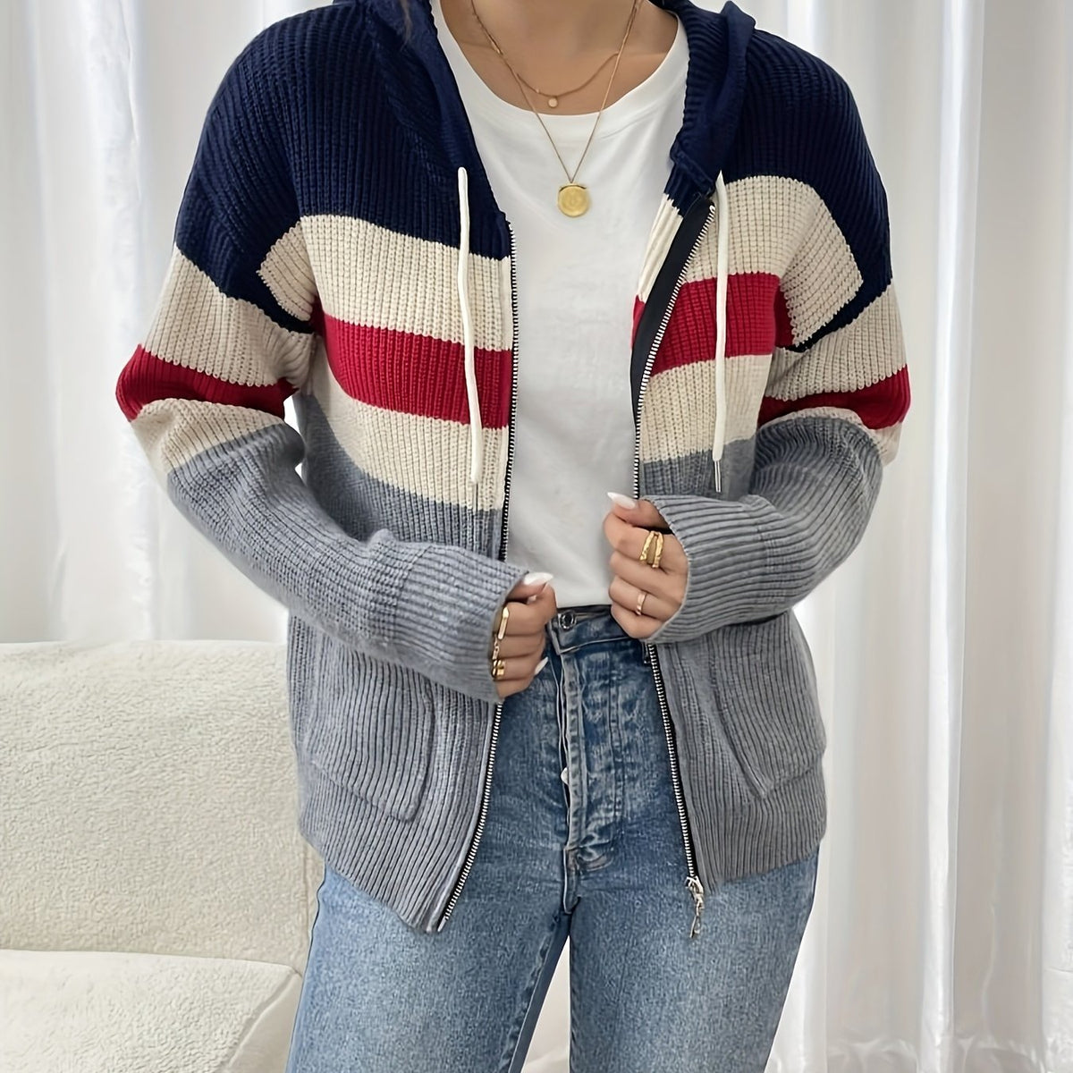 Women’s Color Block Hooded Zip Cardigan – Cozy Casual Layer