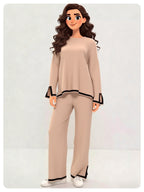 Slit Long-Sleeve Top and Wide-Leg Pants Set - Polished and Comfortable