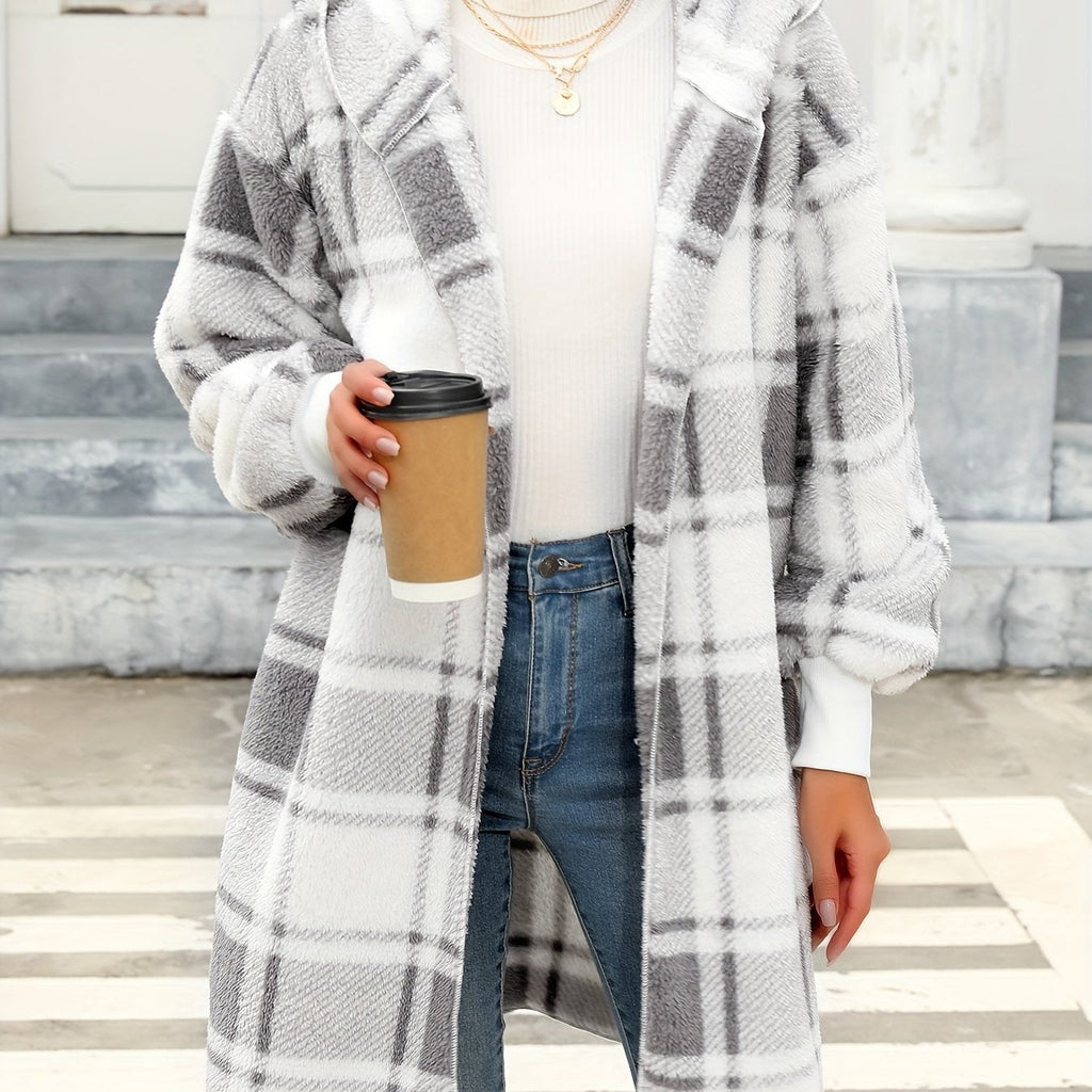 Women’s Plaid Hooded Cardigan – Warm Casual Knit