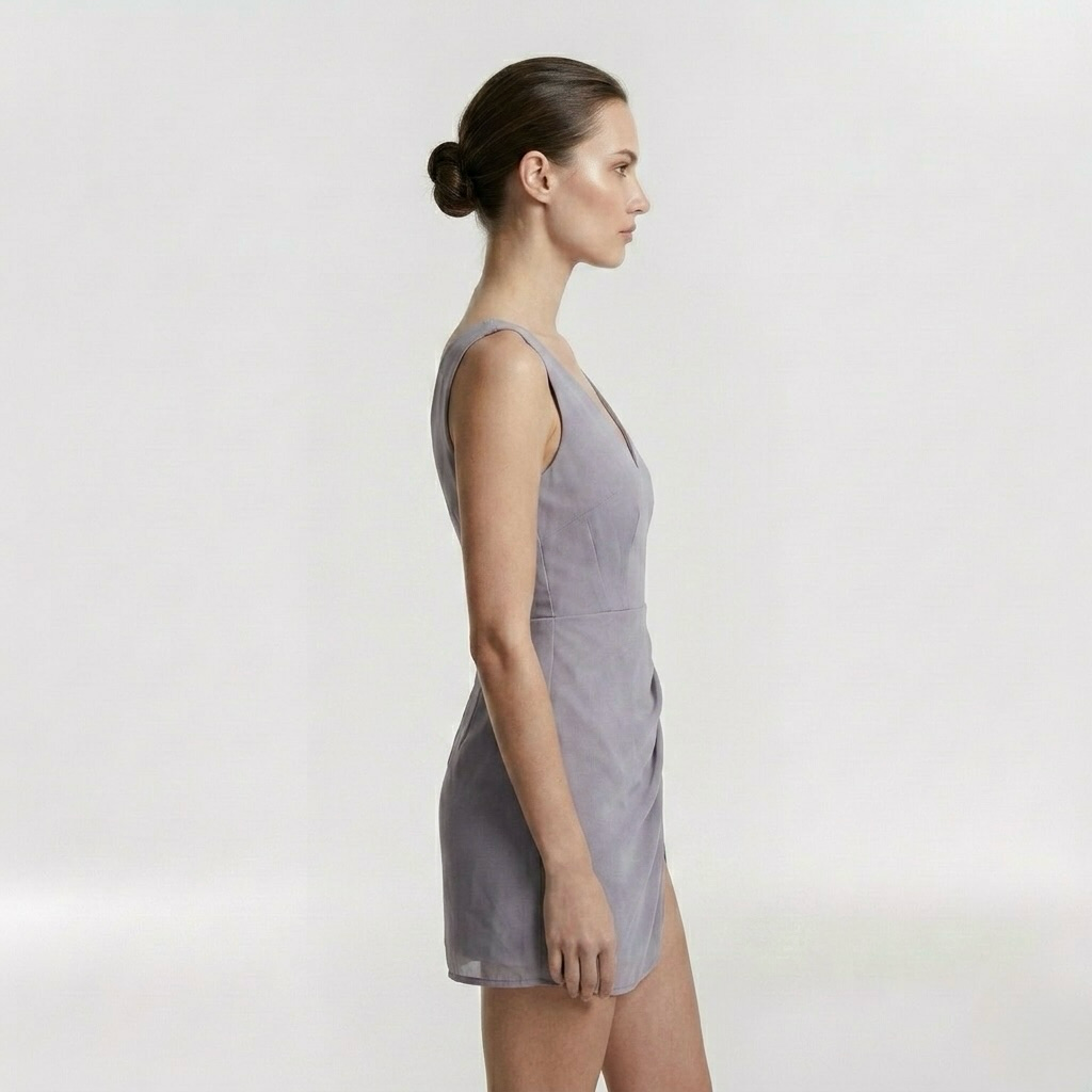 Draped V-Neck Mini Dress with Fitted Bodice and Deep Neckline