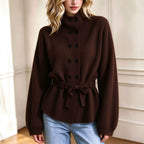 Women’s Double-Breasted Knit Coat – Elegant Long Sleeve Outerwear