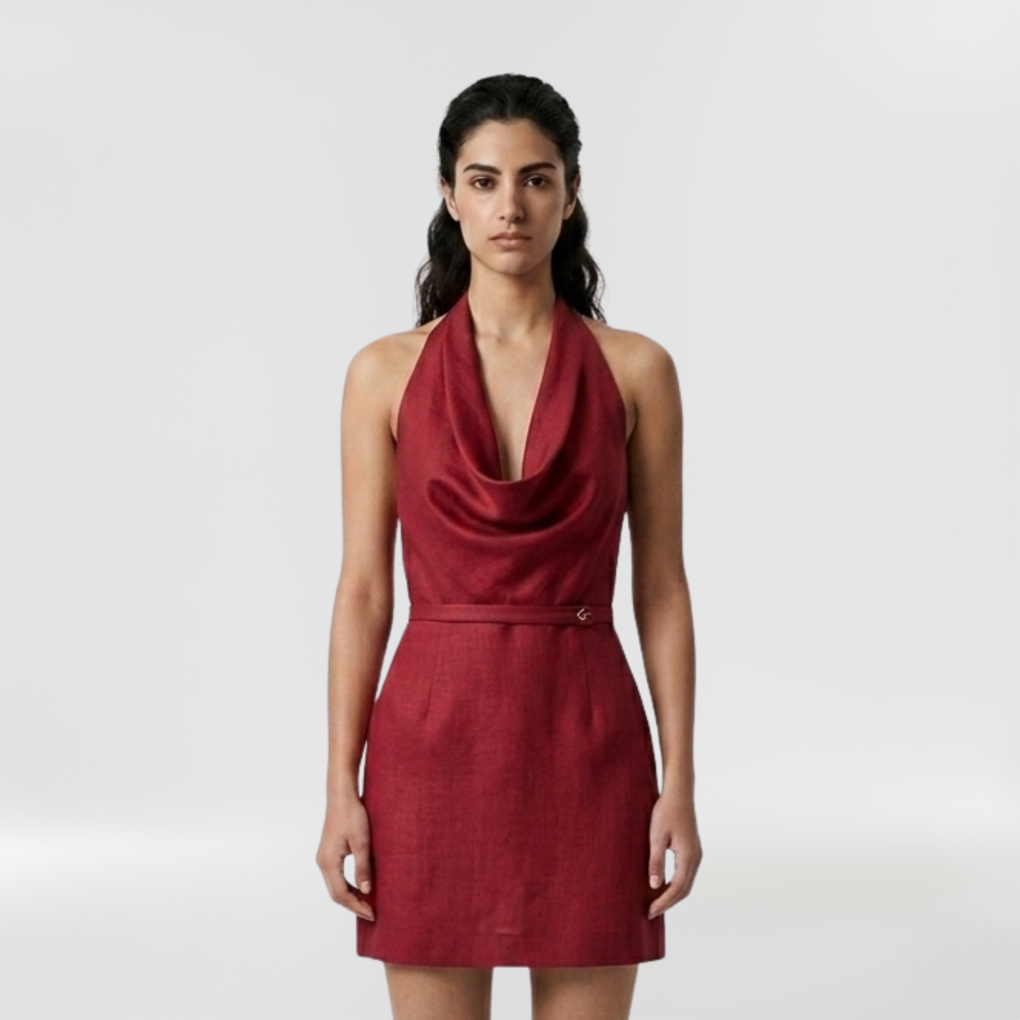 Cowl Neck Halter Mini Dress with Softly Draped Front
