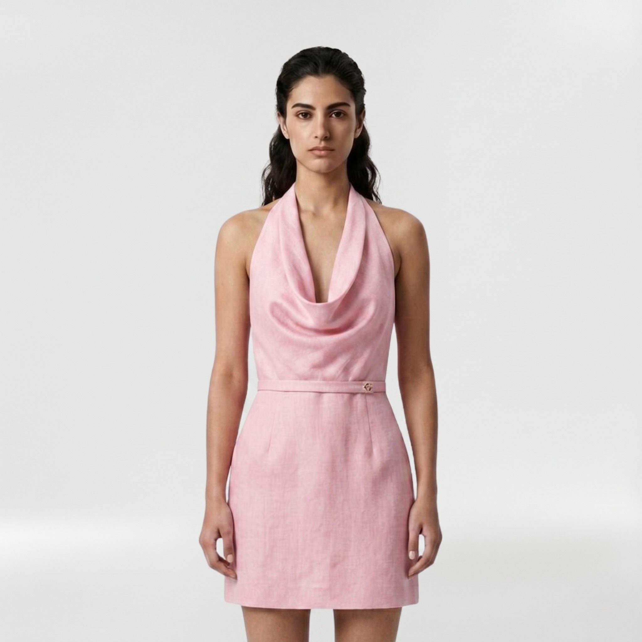 Cowl Neck Halter Mini Dress with Softly Draped Front