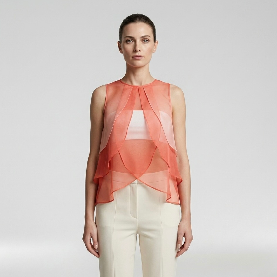 Layered Sheer Ruffle Blouse with Cascading Front Panels