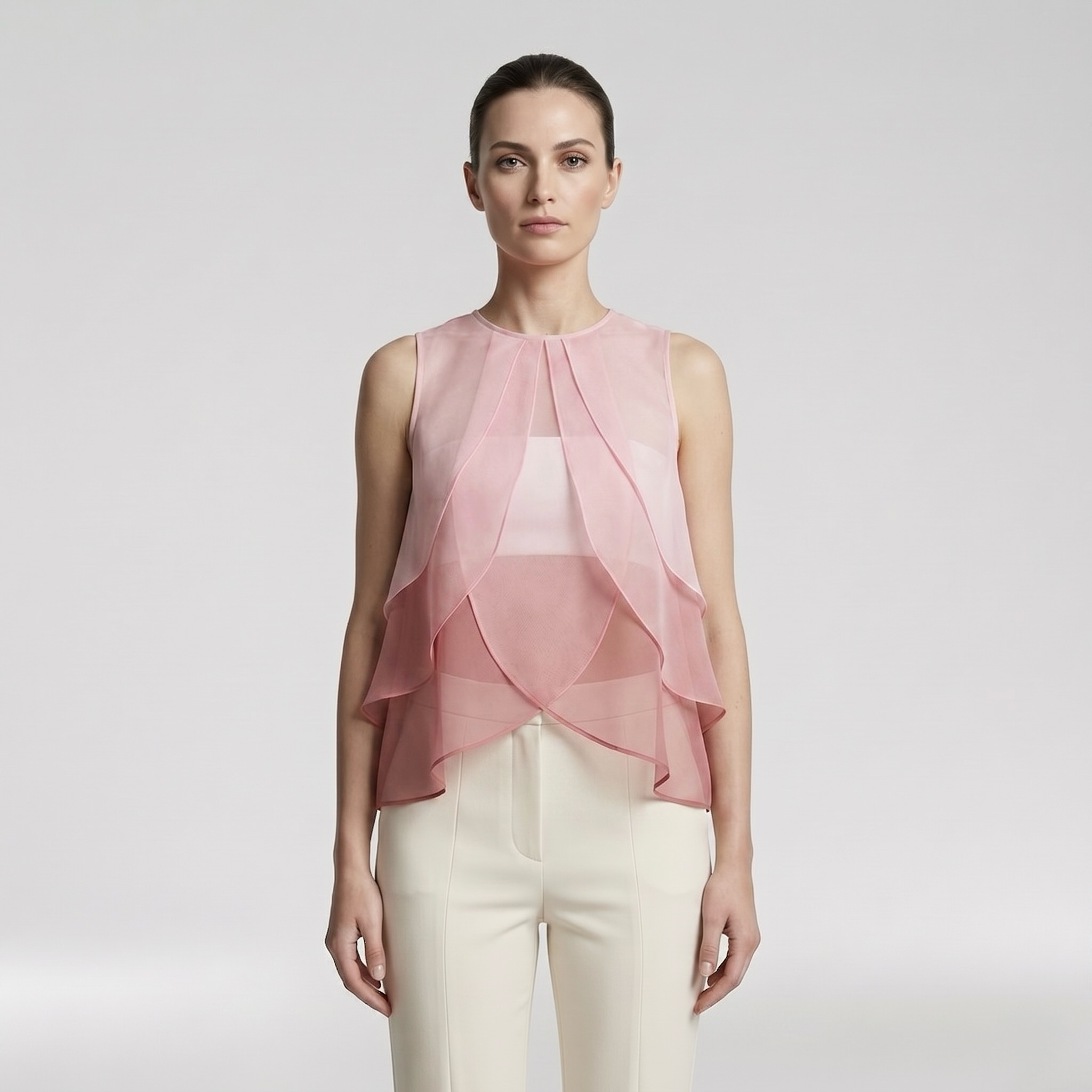 Layered Sheer Ruffle Blouse with Cascading Front Panels
