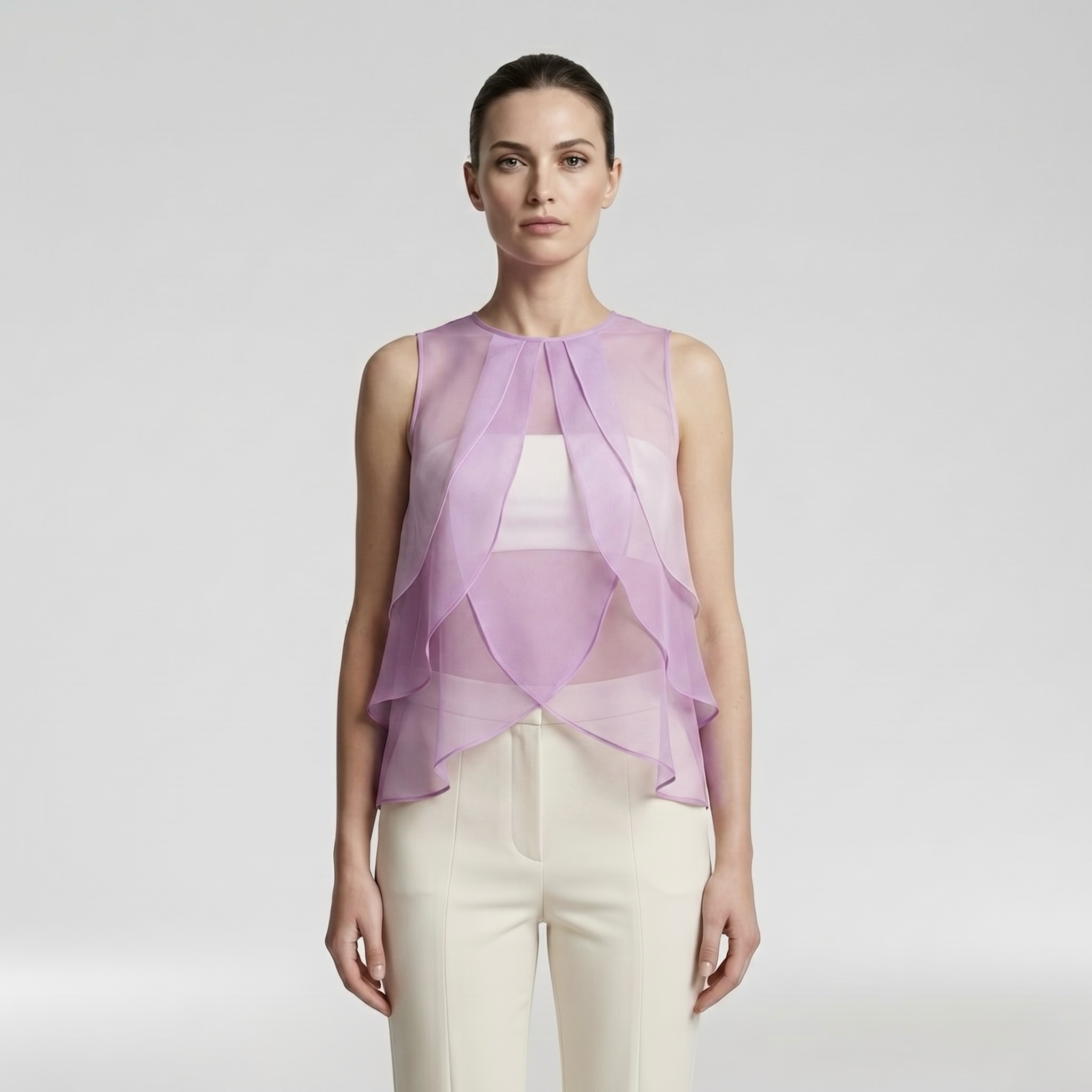 Layered Sheer Ruffle Blouse with Cascading Front Panels
