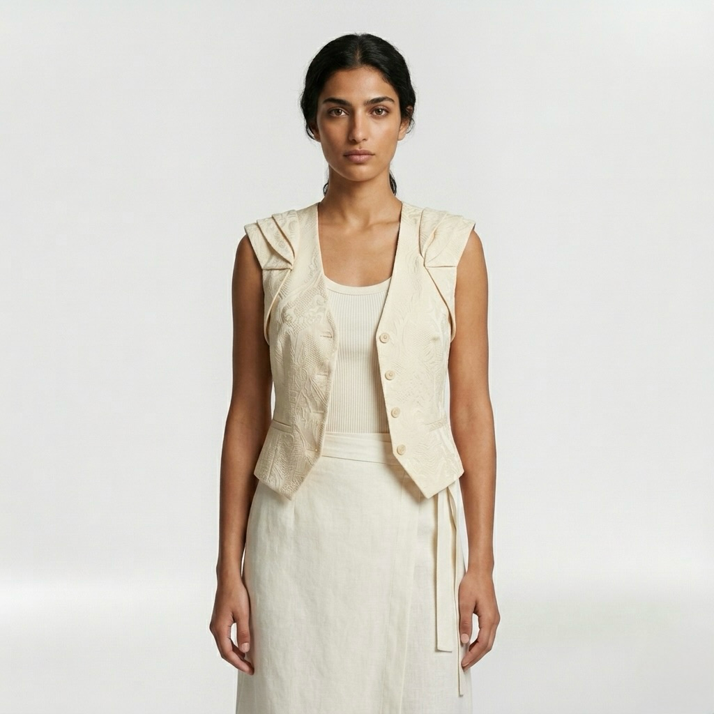 Structured Ruffle Shoulder Vest with Button-Front Closure