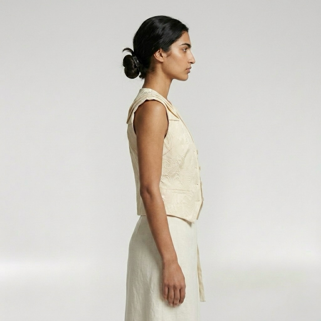 Structured Ruffle Shoulder Vest with Button-Front Closure