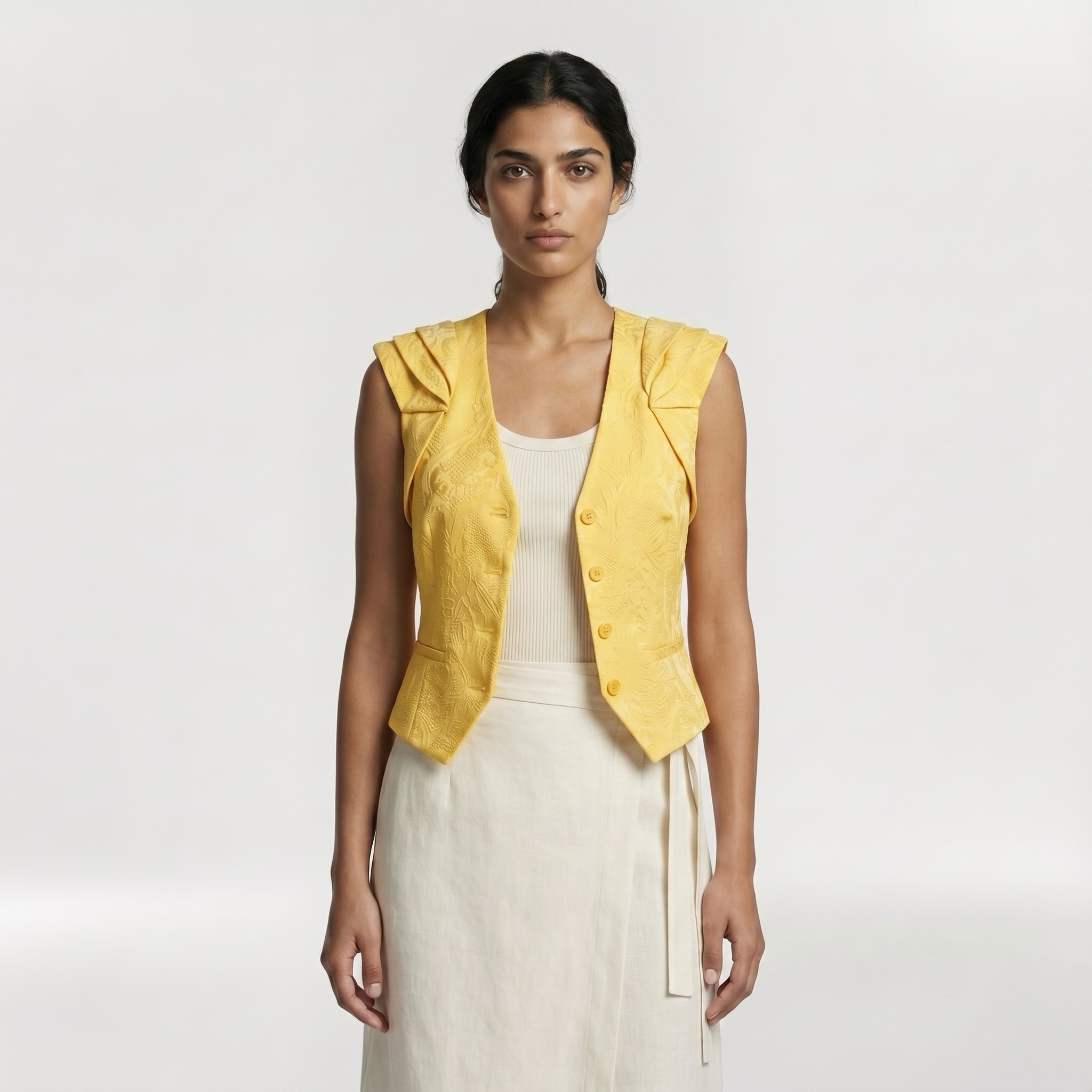 Structured Ruffle Shoulder Vest with Button-Front Closure