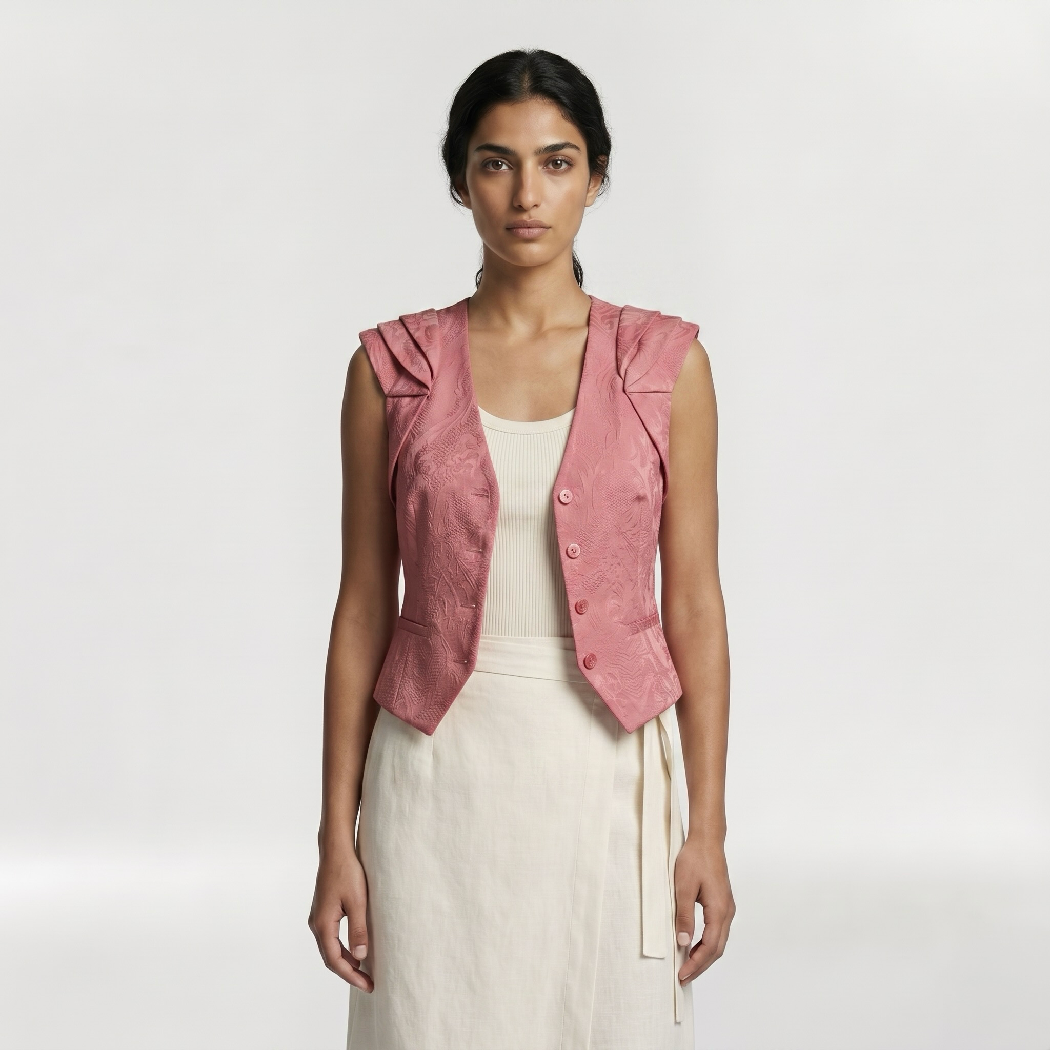 Structured Ruffle Shoulder Vest with Button-Front Closure