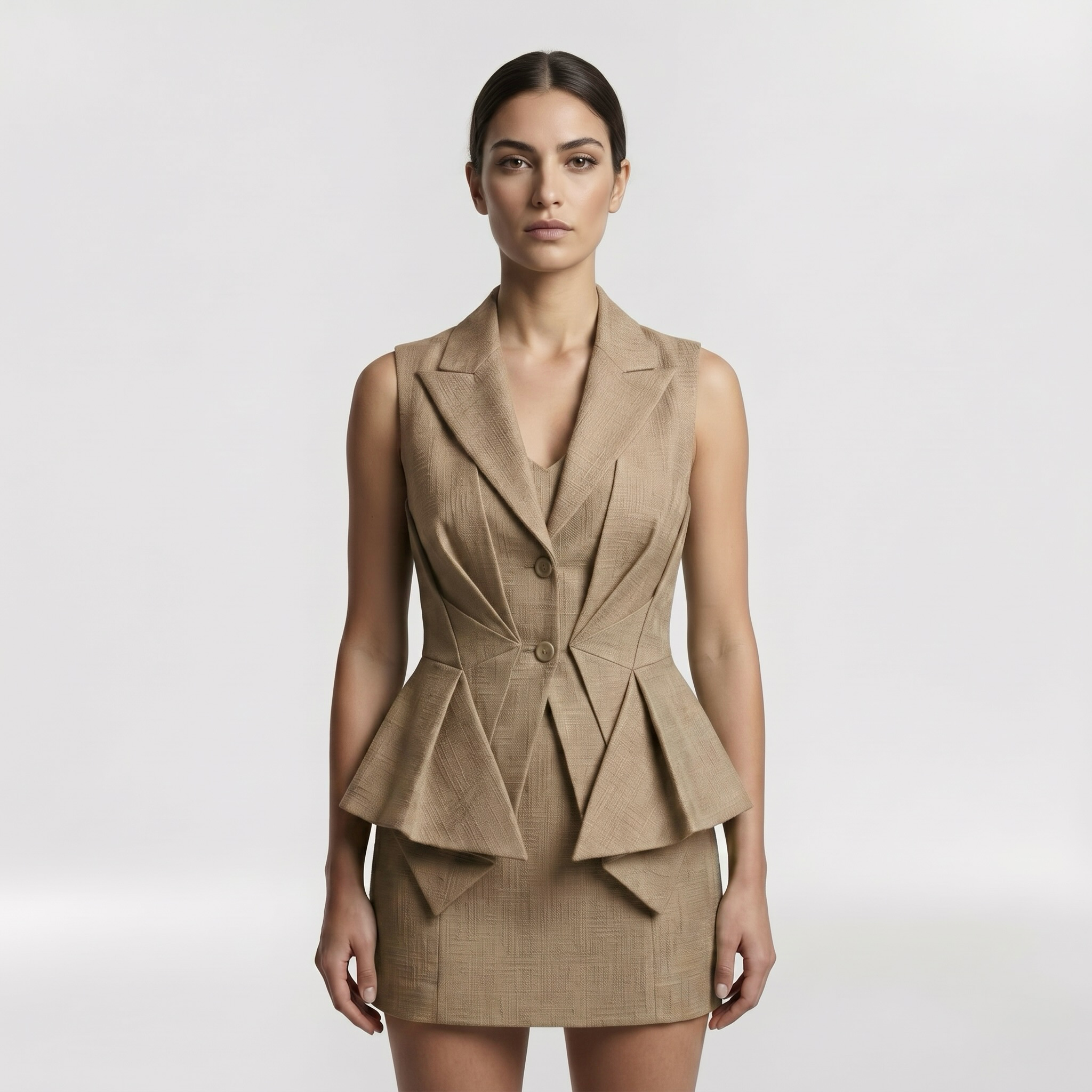 Architectural Peplum Vest Dress with Sculptural Tailoring