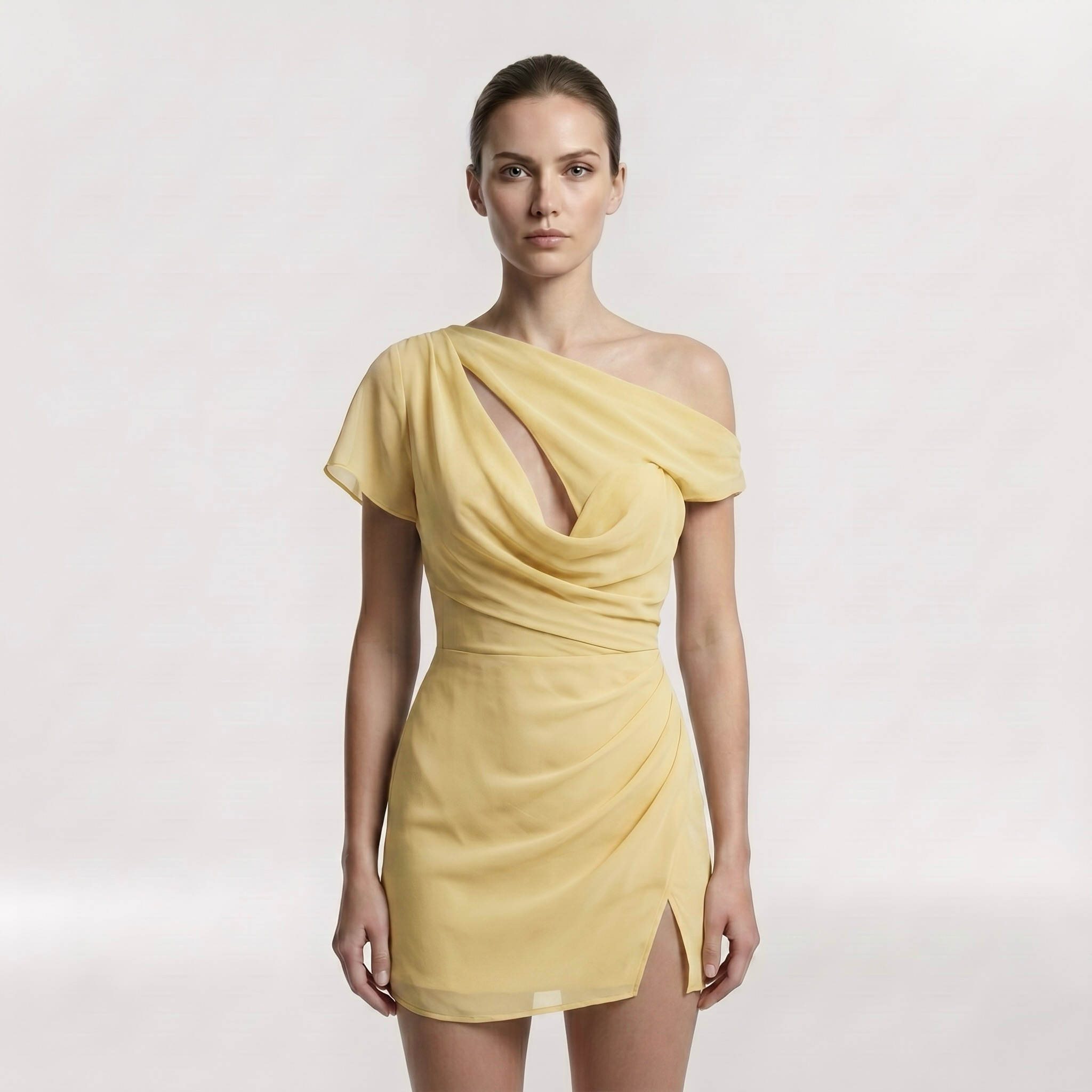 Asymmetric Draped One-Shoulder Mini Dress with Statement Neckline