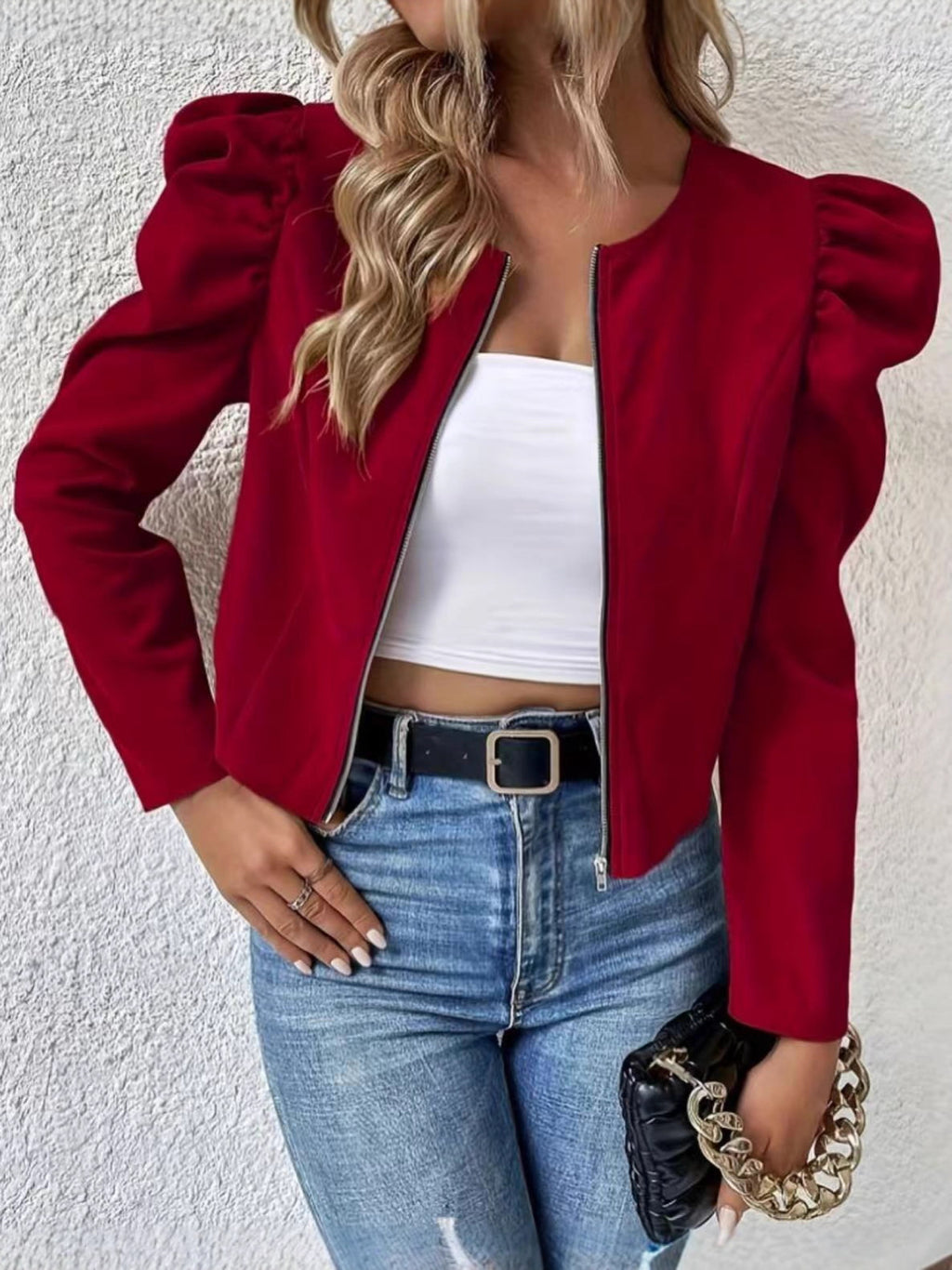 Women's Cardigan - Round Neck, Zip Closure and Puff Sleeves