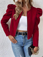 Women's Cardigan - Round Neck, Zip Closure and Puff Sleeves