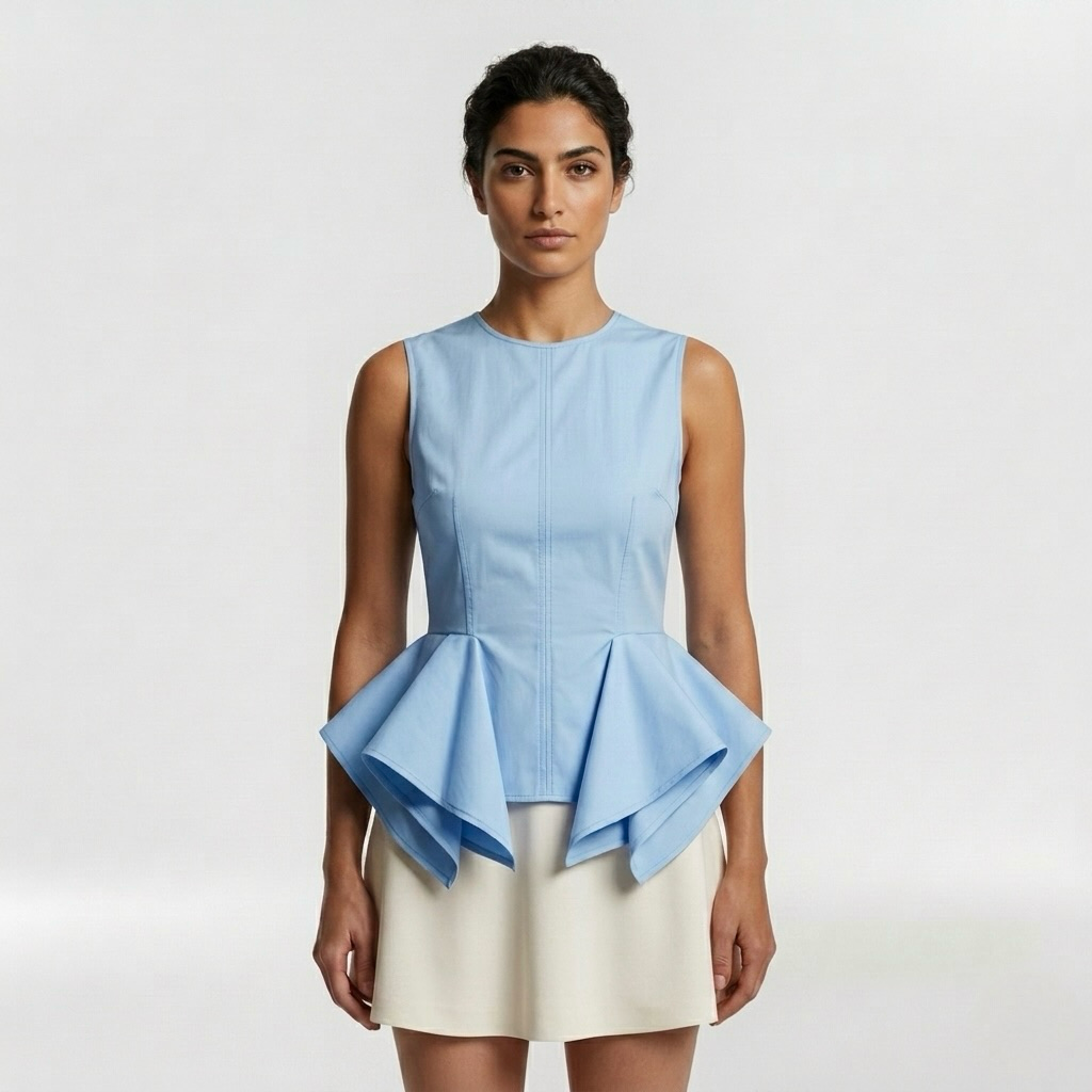 Architectural Peplum Sleeveless Top with Fitted Bodice and Structured Volume