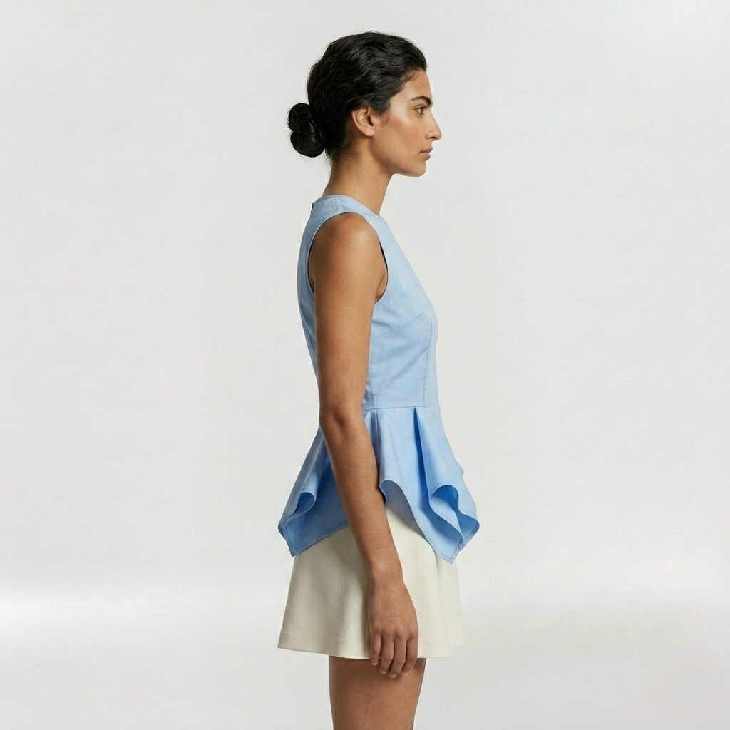 Architectural Peplum Sleeveless Top with Fitted Bodice and Structured Volume