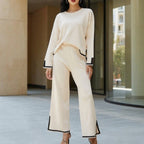 Slit Long-Sleeve Top and Wide-Leg Pants Set - Polished and Comfortable