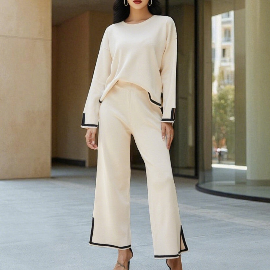 Slit Long-Sleeve Top and Wide-Leg Pants Set - Polished and Comfortable