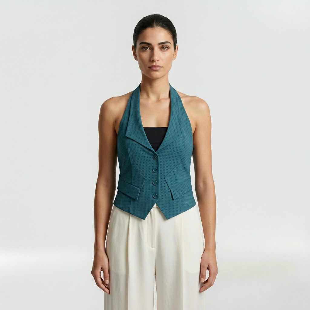 Tailored Halter Vest Top with Structured Suiting Silhouette
