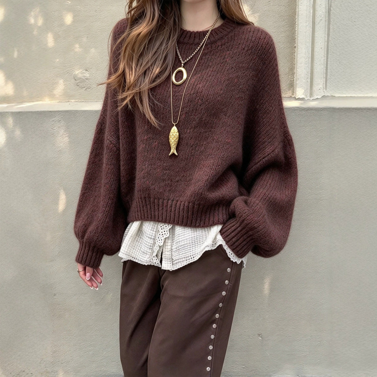 Retro Lantern-Sleeve Knit Pullover - Soft and Feminine