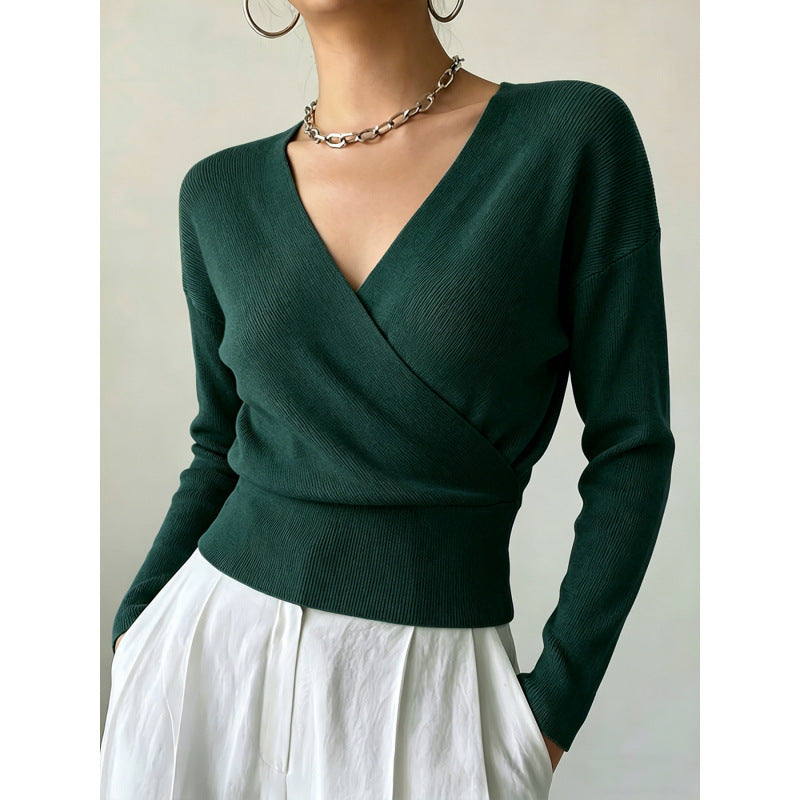 Cross-Neck Waist-Cinching Knit Sweater - Soft and Shaped