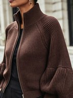 Women’s Zip-Up Puff-Sleeve Cardigan – Modern Cozy Layer