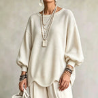 Women's Top - Round Neck, Lantern Sleeves and Wavy Hem