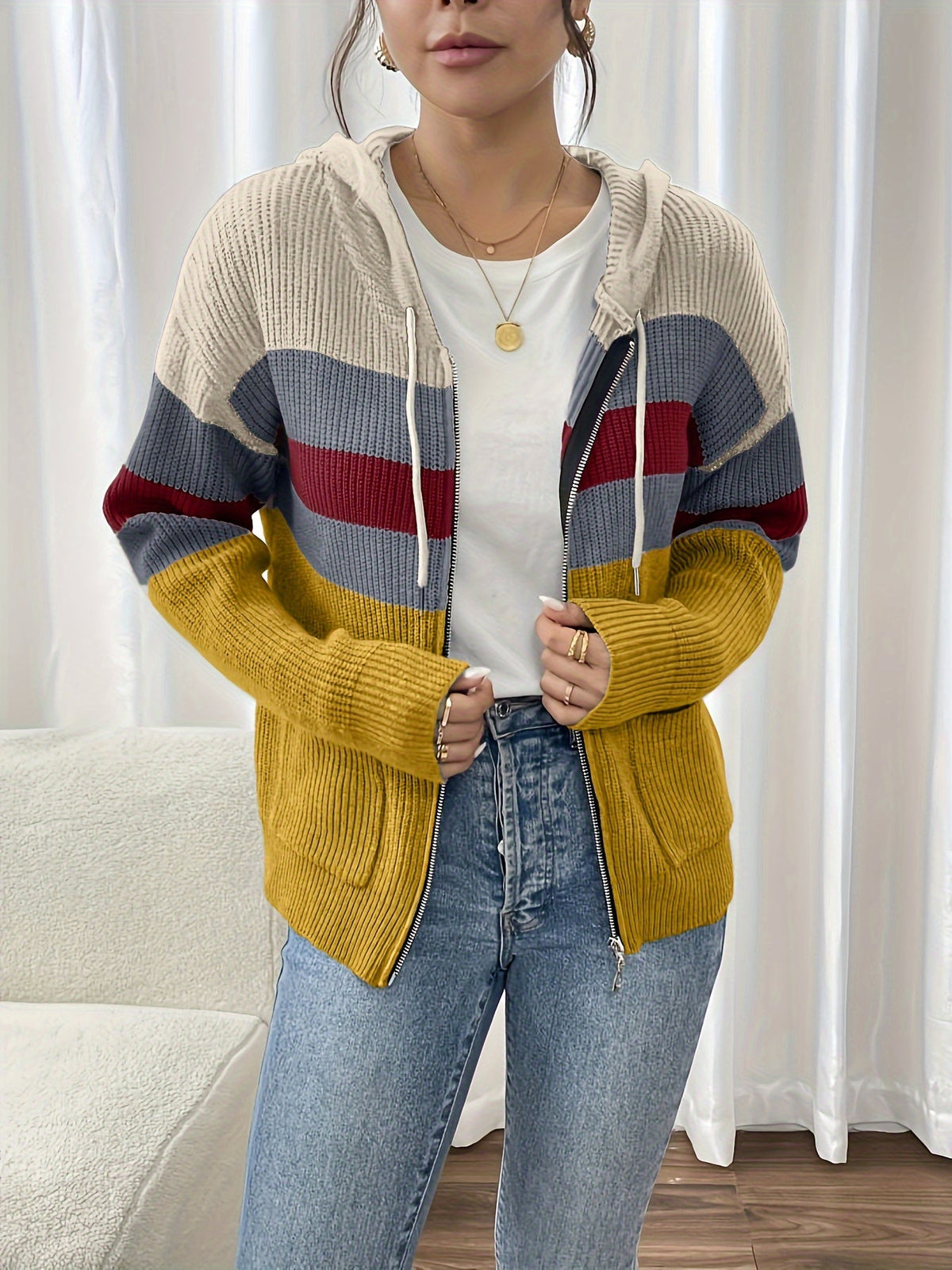 Women’s Color Block Hooded Zip Cardigan – Cozy Casual Layer