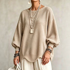 Women's Top - Round Neck, Lantern Sleeves and Wavy Hem