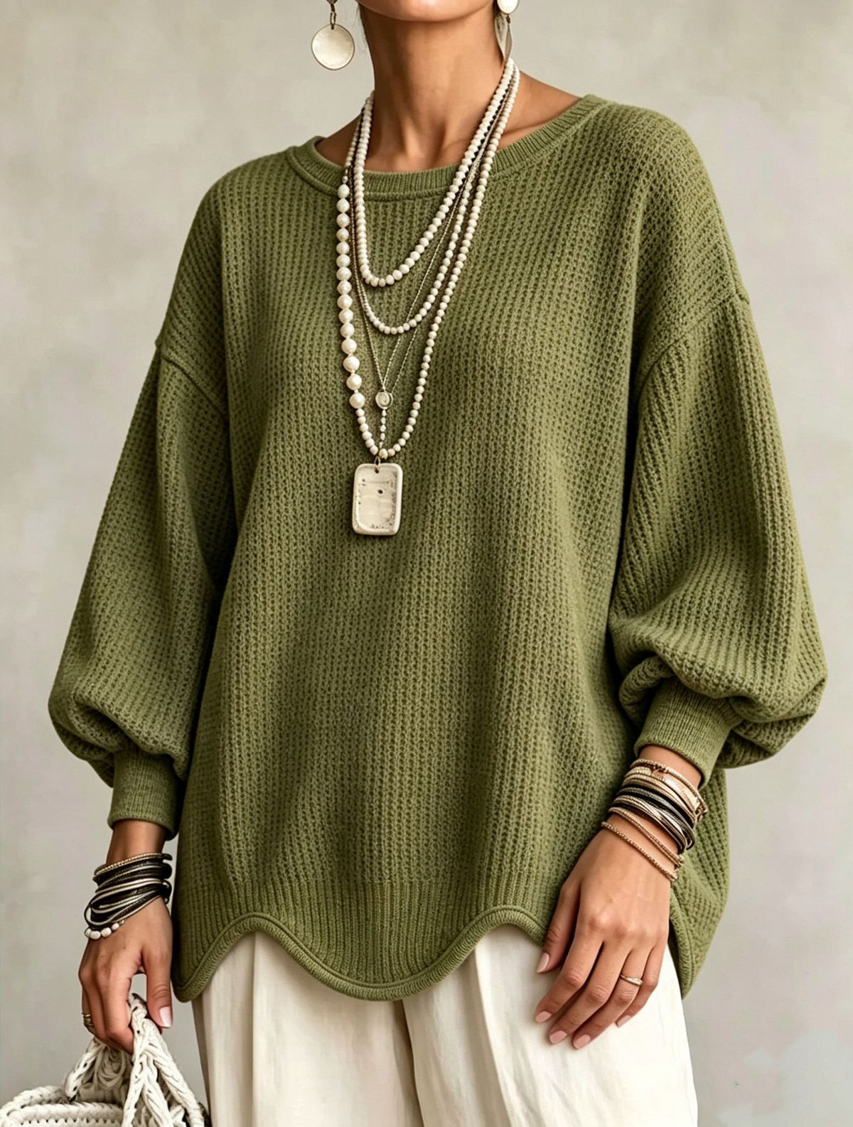 Women's Top - Round Neck, Lantern Sleeves and Wavy Hem