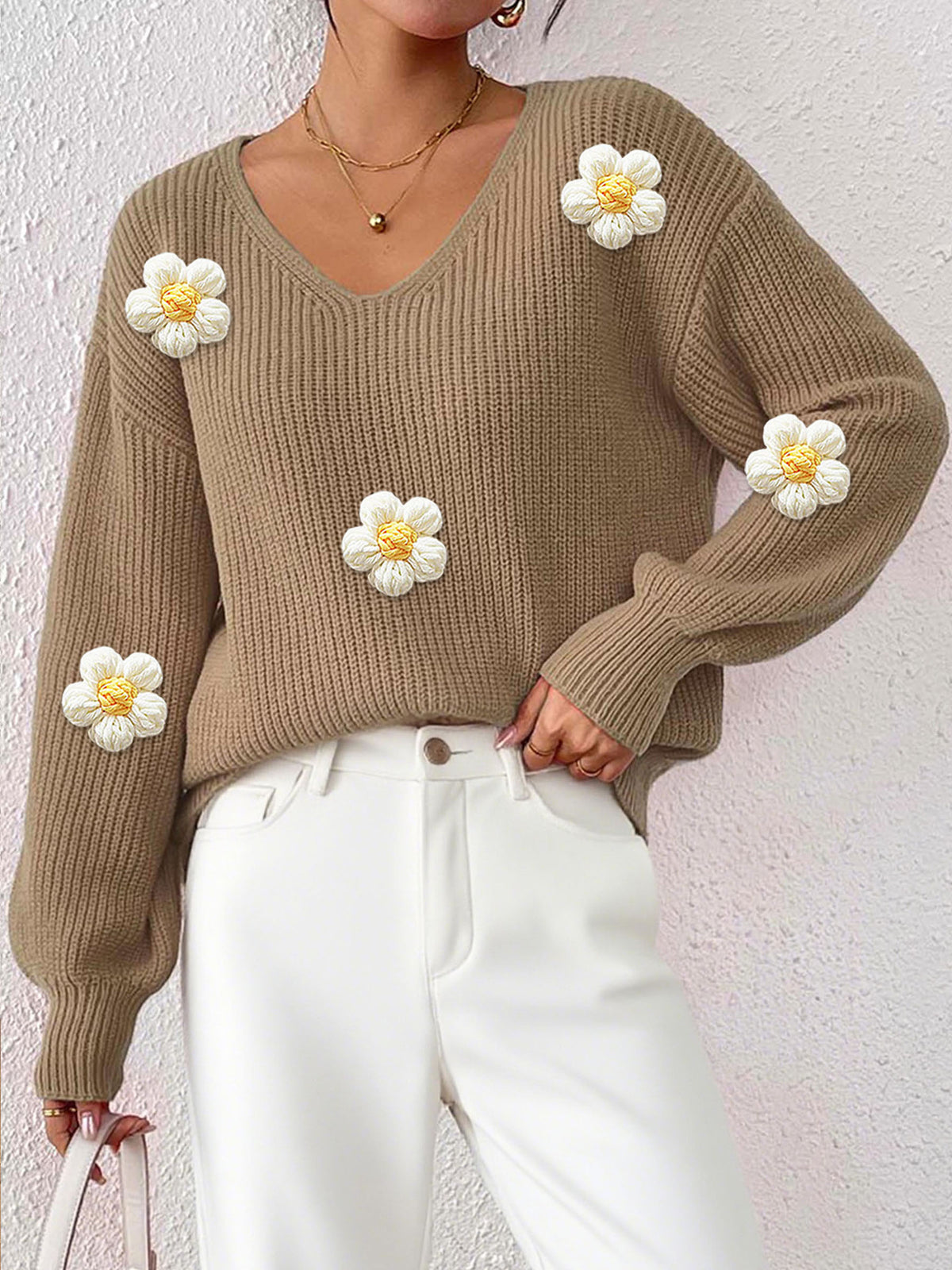 Floral 3D Patchwork V-Neck Sweater - Hand-Knitted and Cozy