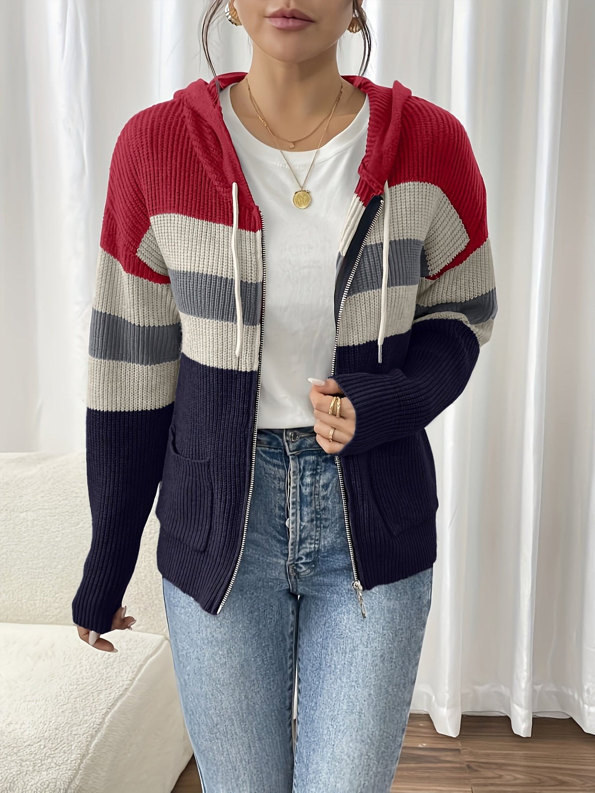 Women’s Color Block Hooded Zip Cardigan – Cozy Casual Layer