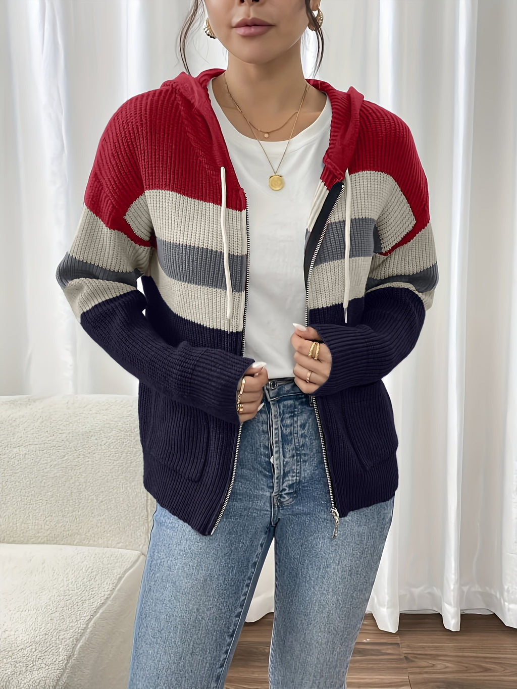 Women’s Color Block Hooded Zip Cardigan – Cozy Casual Layer