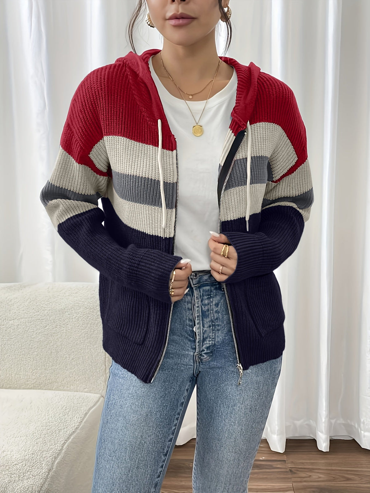 Women’s Color Block Hooded Zip Cardigan – Cozy Casual Layer