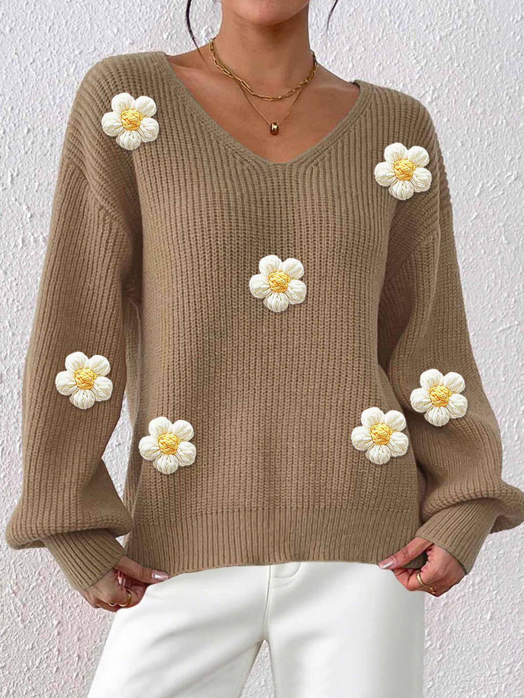 Floral 3D Patchwork V-Neck Sweater - Hand-Knitted and Cozy