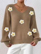 Floral 3D Patchwork V-Neck Sweater - Hand-Knitted and Cozy