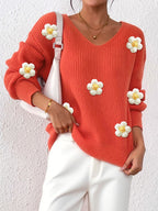 Floral 3D Patchwork V-Neck Sweater - Hand-Knitted and Cozy