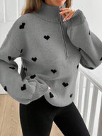 Women’s Heart-Pattern Zip Sweater - Soft and Warm