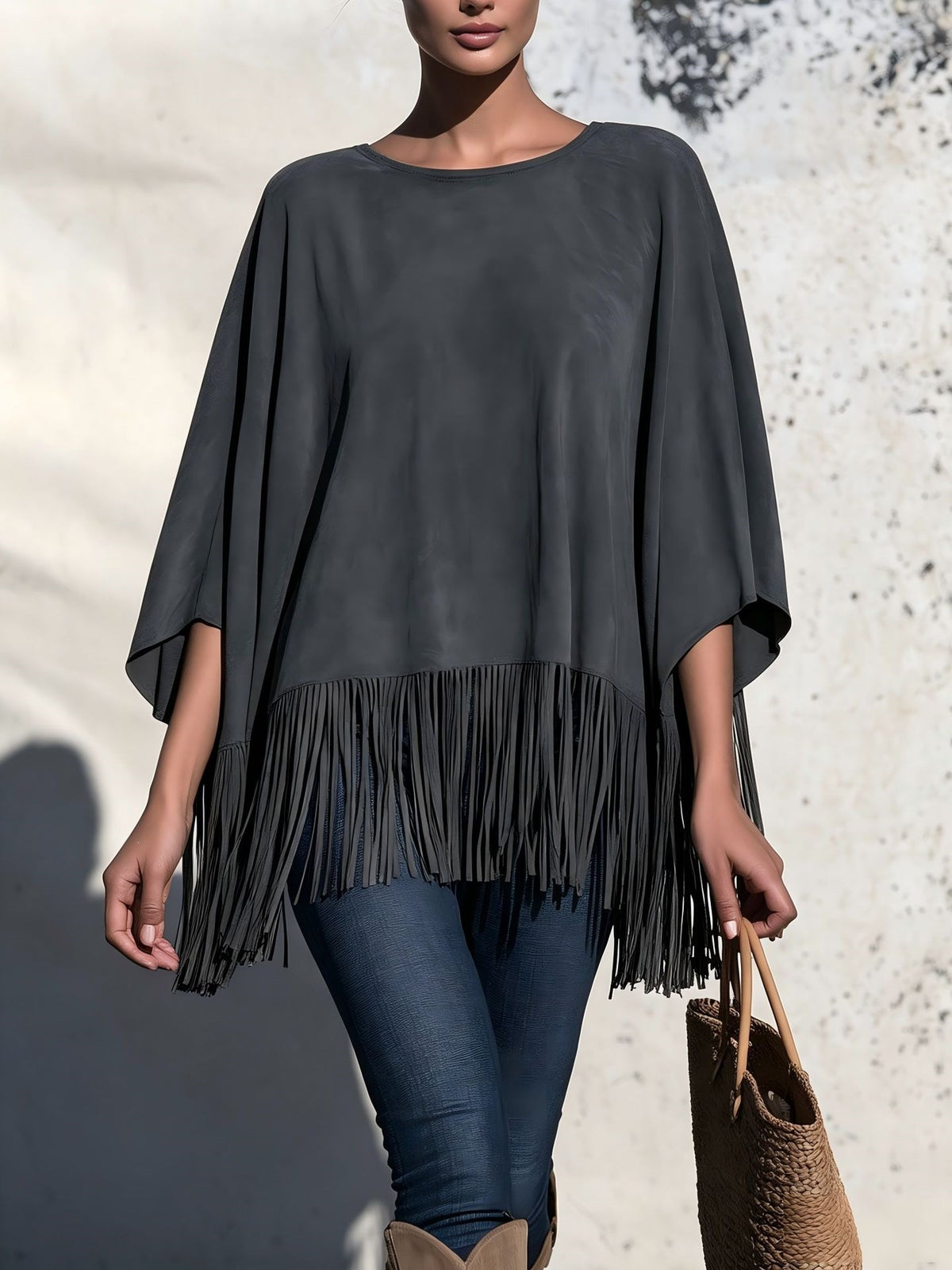 Women’s Loose Fringe Blouse – Relaxed Round Neck Top