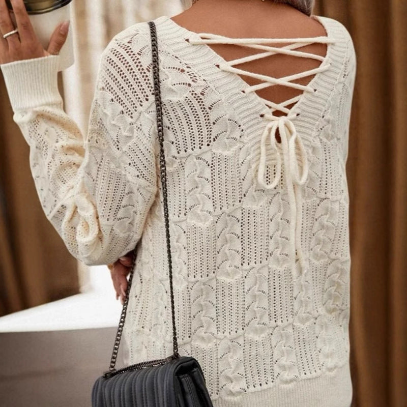 Hollow-Out Lace-Up Knit Top - Soft and Feminine