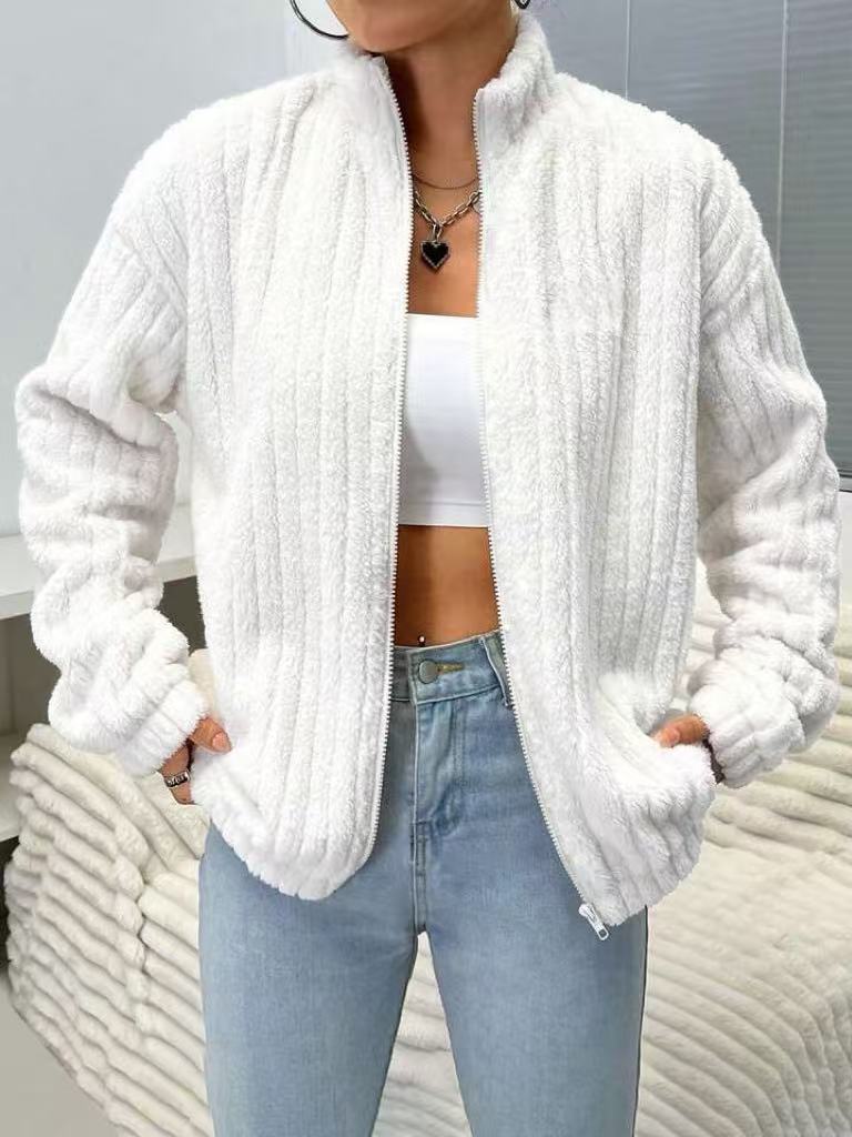 Women’s Double-Sided Plush Zip Cardigan – Warm Cozy Layer